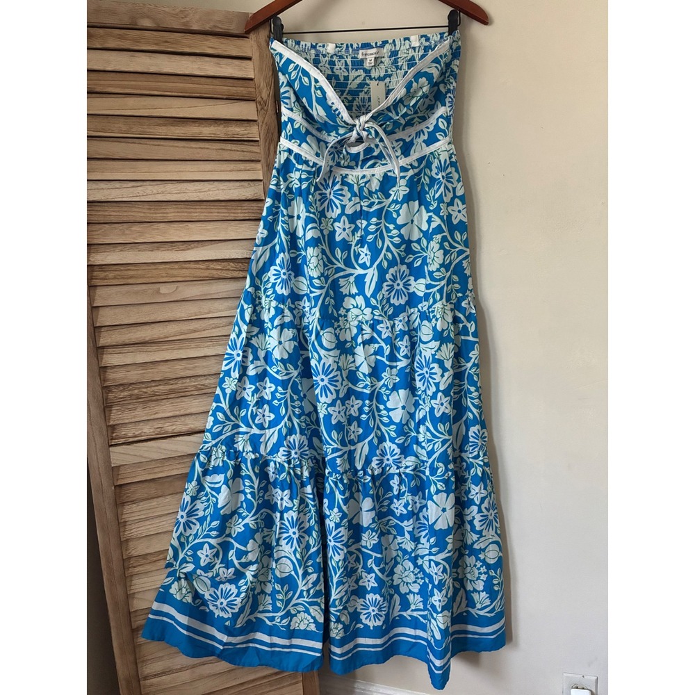 Francesca's Blue Floral Strapless Maxi Dress Tiered Smocked Tie Front M NEW